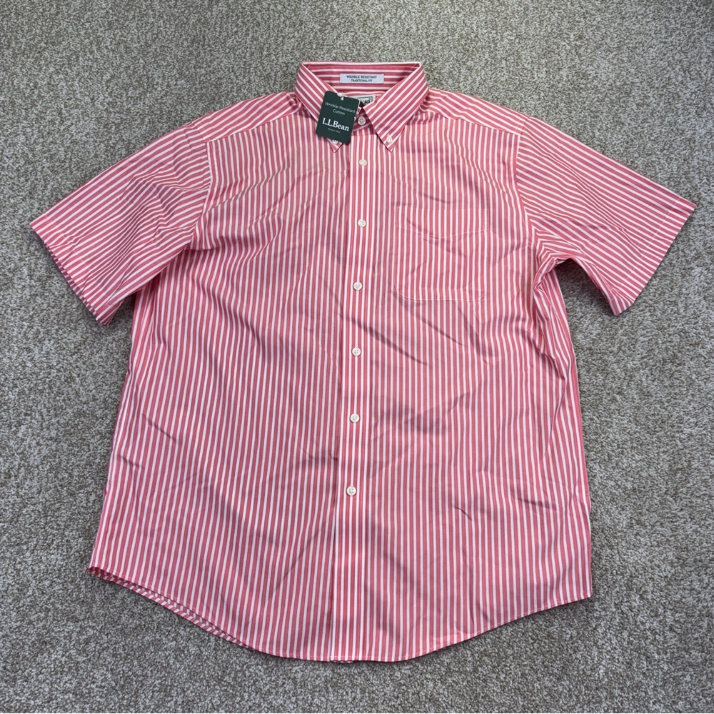 NEW L.L. Bean Pink White Striped Button Down Shirt Mens Size M Short Sleeve - Picture 2 of 15